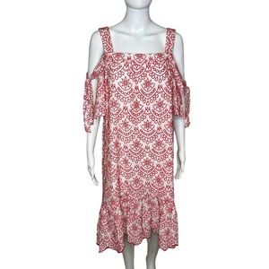 Anthropologie Hazel Hazel Red Embroidery Midi Dress Cold Shoulder L